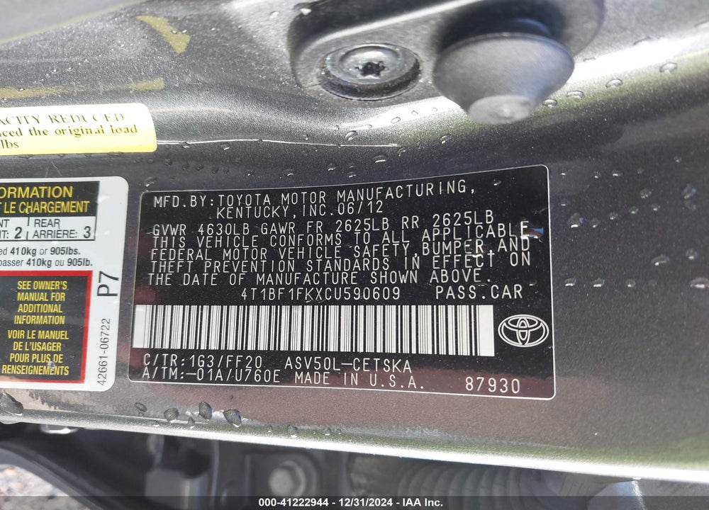 2012 TOYOTA CAMRY VIN: 4T1BF1FKXCU590609