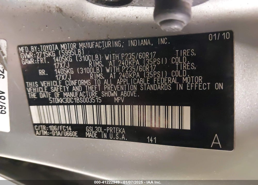 2011 TOYOTA SIENNA LE V6 VIN: 5TDKK3DC1BS003515