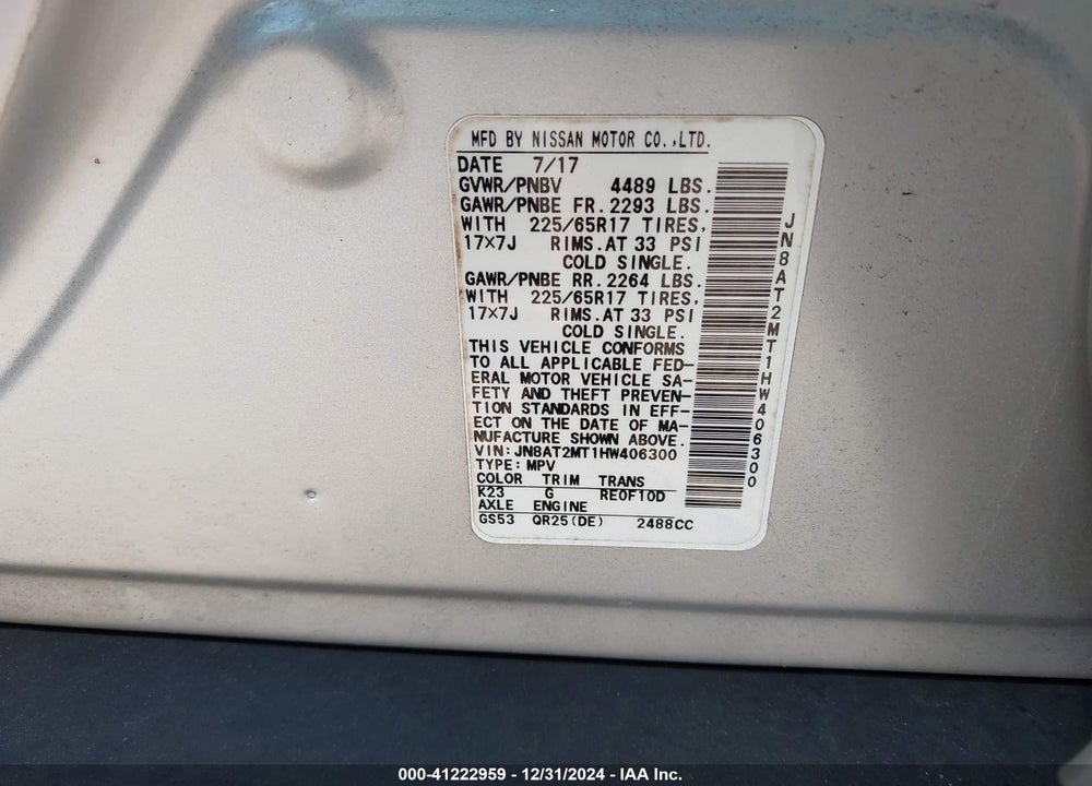 2017 NISSAN ROGUE S VIN: JN8AT2MT1HW406300