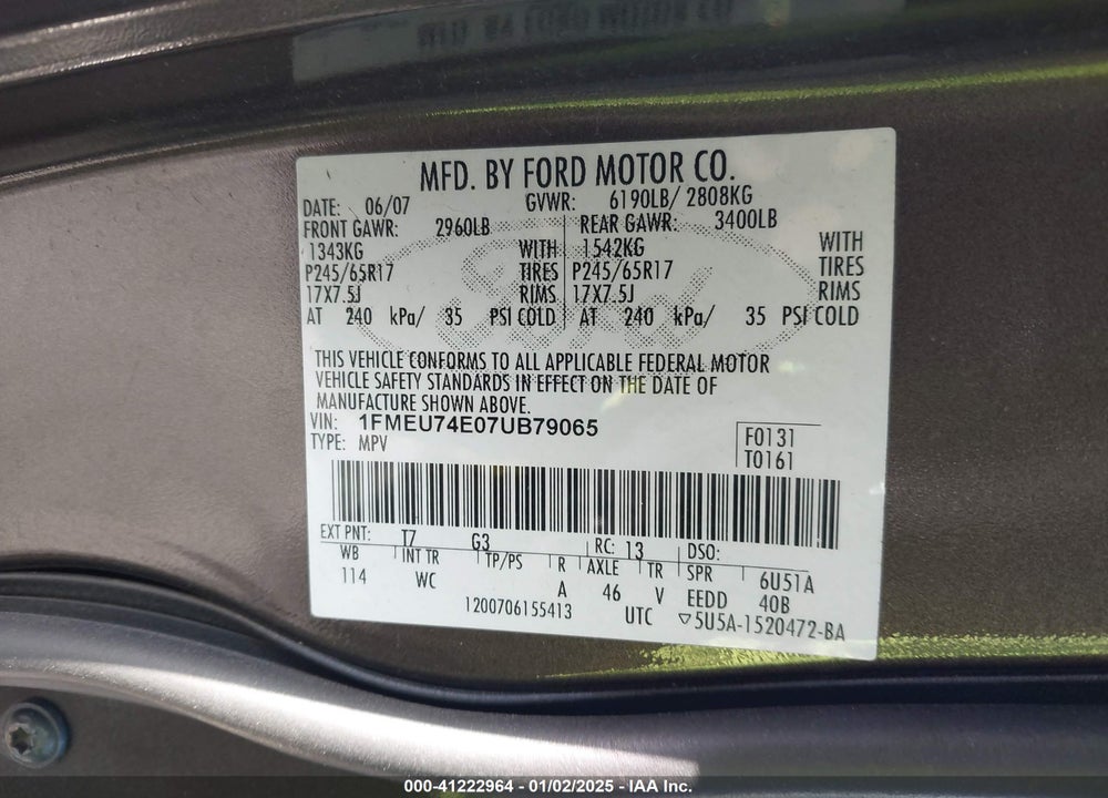 2007 FORD EXPLORER EDDIE BAUER VIN: 1FMEU74E07UB79065