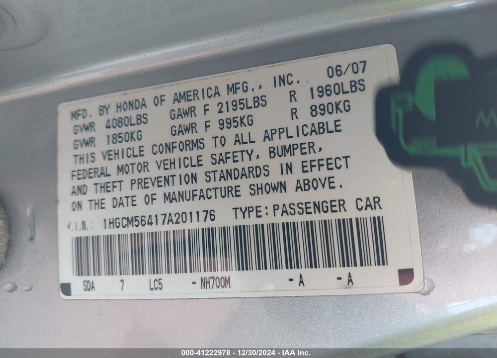 2007 HONDA ACCORD VIN: 1HGCM56417A201176