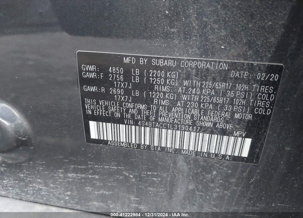 2020 SUBARU OUTBACK VIN: 4S4BTACC1L3190417