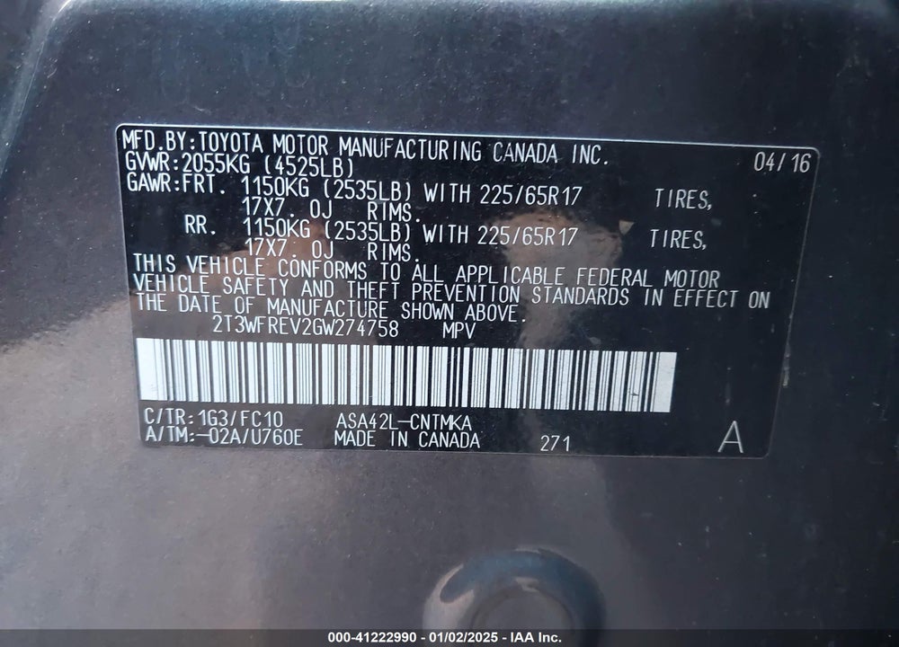 2016 TOYOTA RAV4 XLE VIN: 2T3WFREV2GW274758