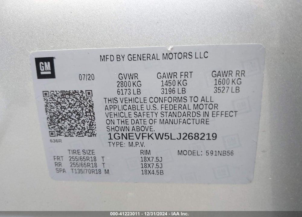 2020 CHEVROLET TRAVERSE AWD LS VIN: 1GNEVFKW5LJ268219