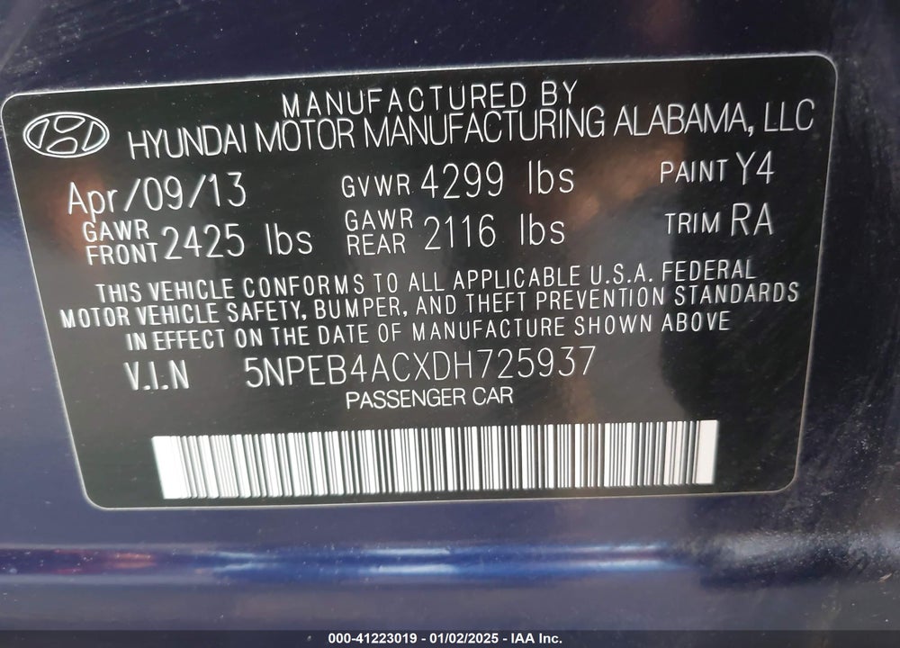 2013 HYUNDAI SONATA GLS VIN: 5NPEB4ACXDH725937