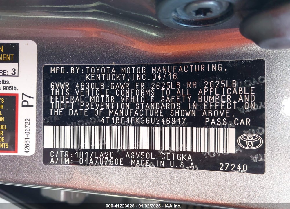 2016 TOYOTA CAMRY XLE VIN: 4T1BF1FK3GU246917
