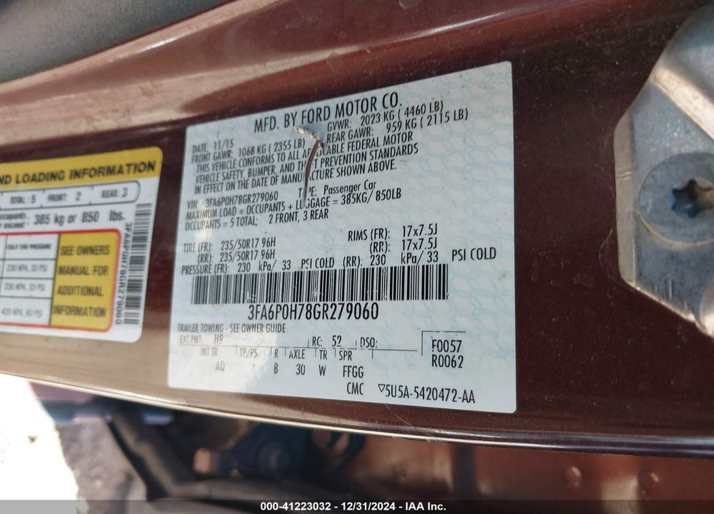 2016 FORD FUSION SE VIN: 3FA6P0H78GR279060