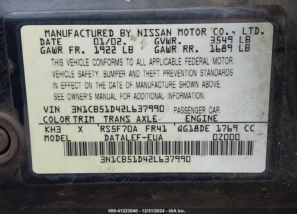 2002 NISSAN SENTRA GXE VIN: 3N1CB51D42L637990