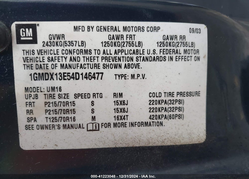 2004 PONTIAC MONTANA M16 W/1SE PKG. VIN: 1GMDX13E54D146477