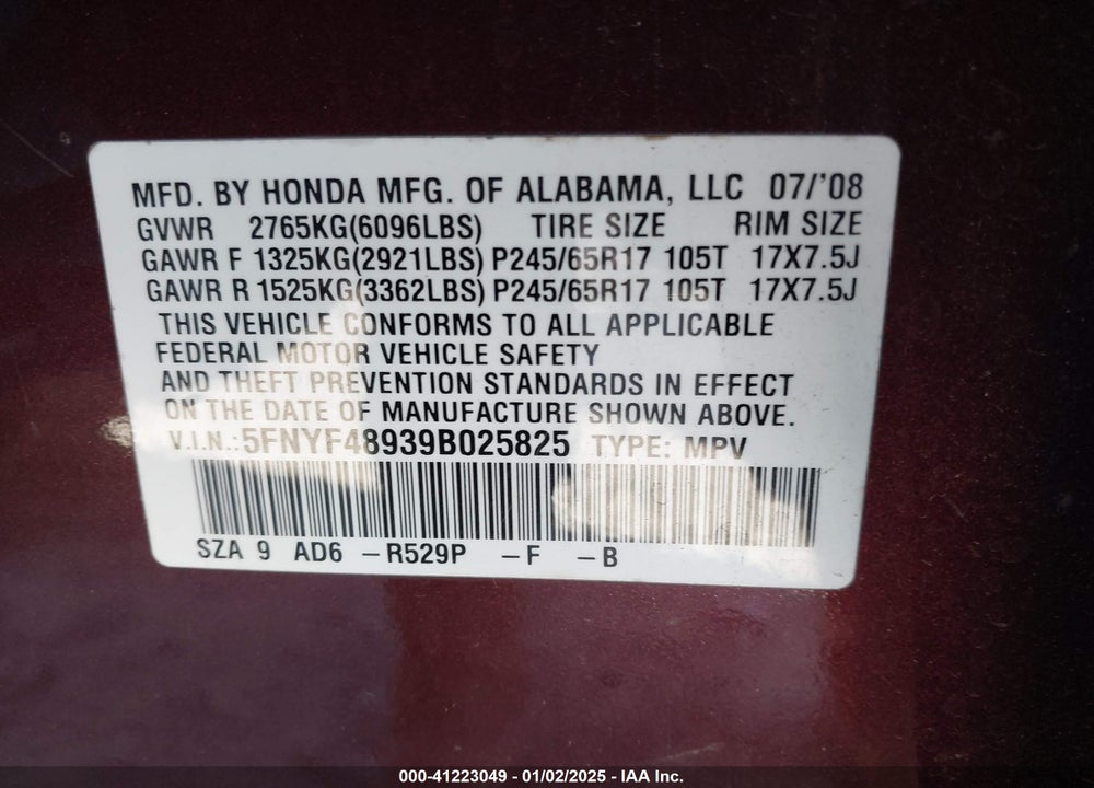 2009 HONDA PILOT TOURING VIN: 5FNYF48939B025825