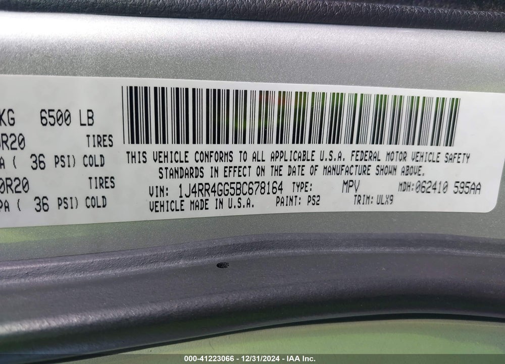 2011 JEEP GRAND CHEROKEE LAREDO VIN: 1J4RR4GG5BC678164