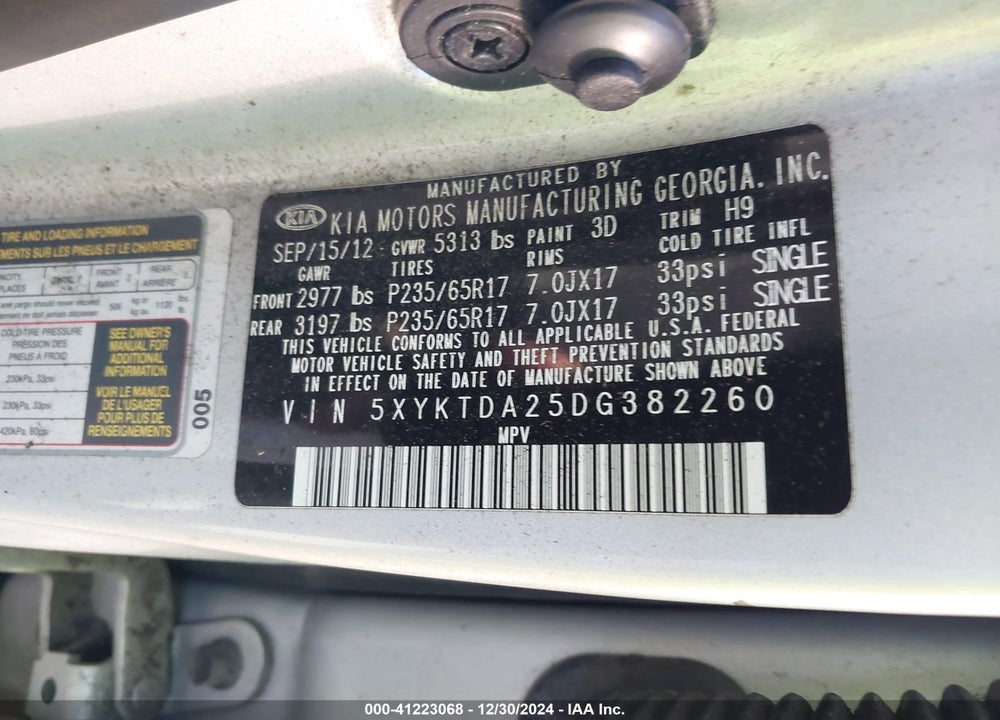2013 KIA SORENTO LX V6 VIN: 5XYKTDA25DG382260