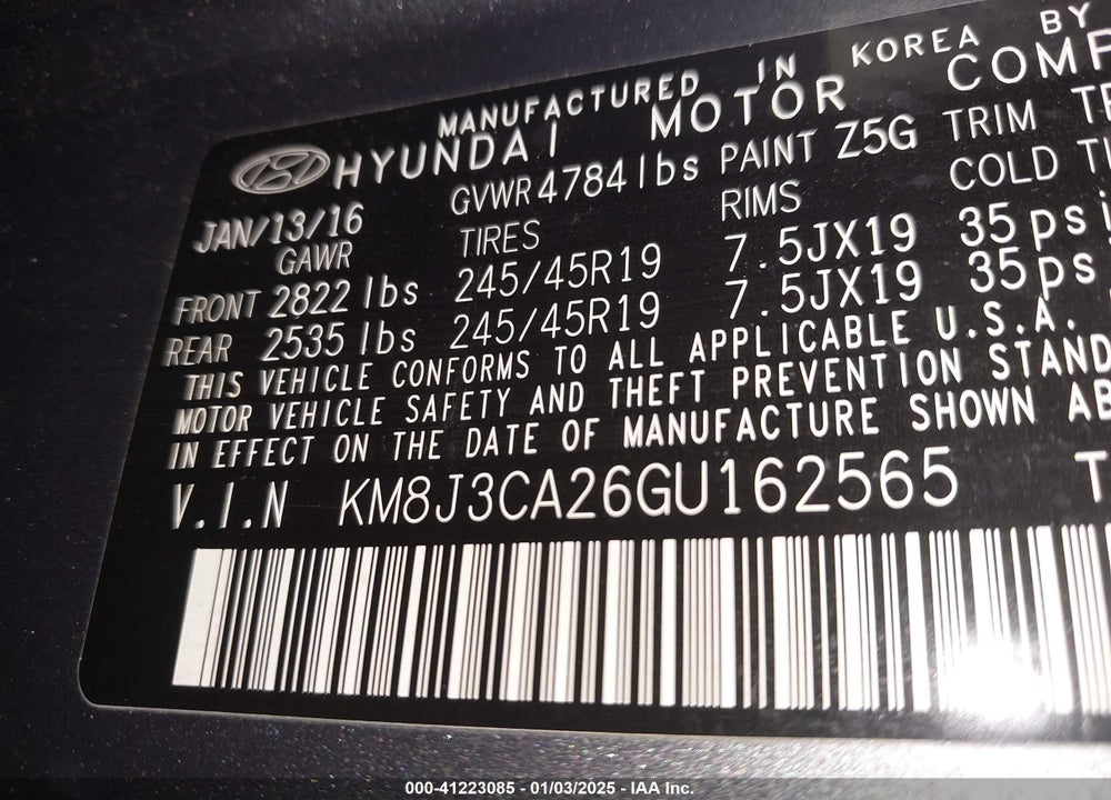 2016 HYUNDAI TUCSON LIMITED/SPORT AND ECO/SE VIN: KM8J3CA26GU162565
