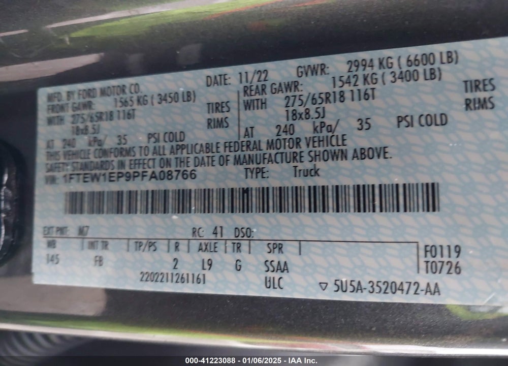 2023 FORD F-150 VIN: 1FTEW1EP9PFA08766