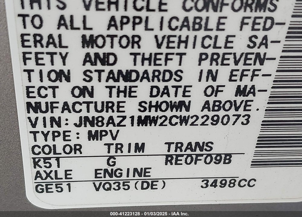2012 NISSAN MURANO SV VIN: JN8AZ1MW2CW229073
