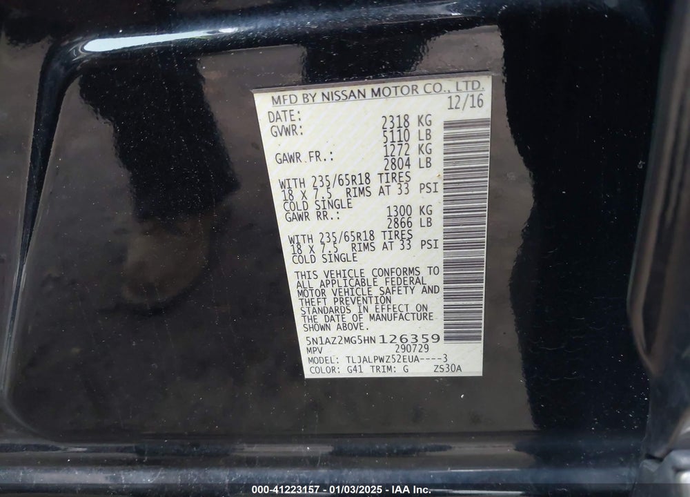 2017 NISSAN MURANO S VIN: 5N1AZ2MG5HN126359