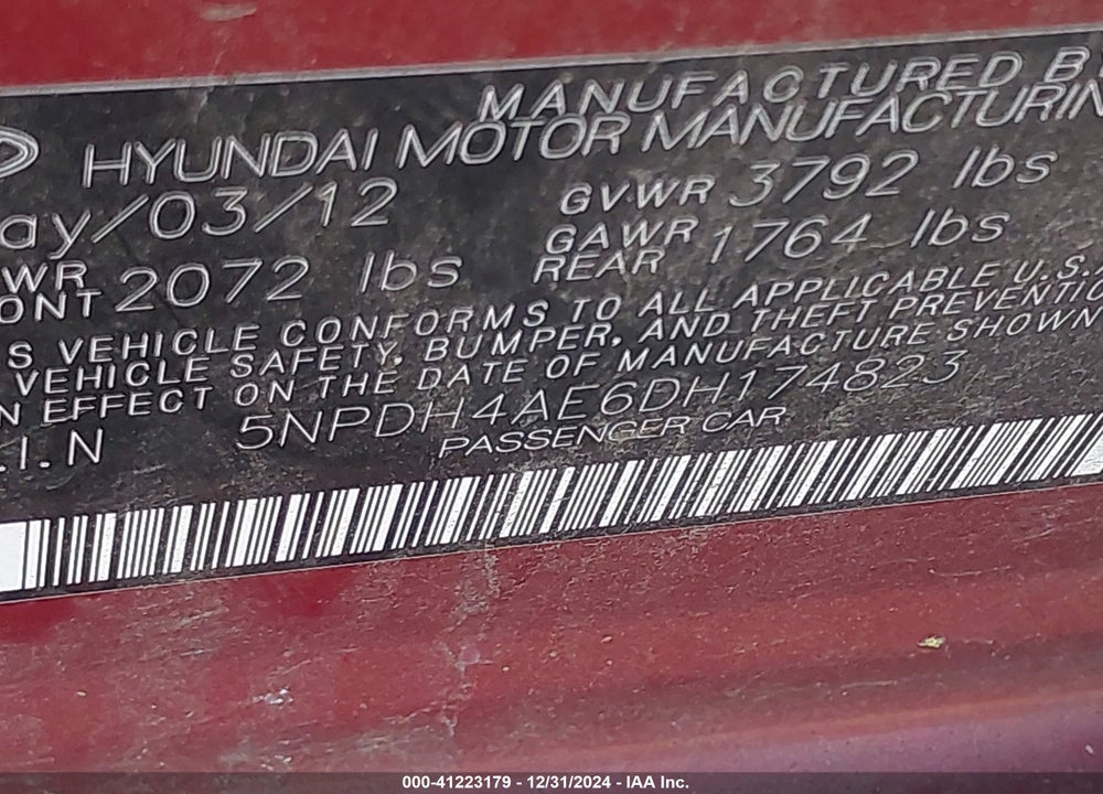2013 HYUNDAI ELANTRA LIMITED VIN: 5NPDH4AE6DH174823