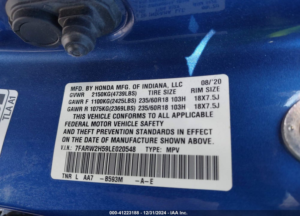 2020 HONDA CR-V VIN: 7FARW2H59LE020548