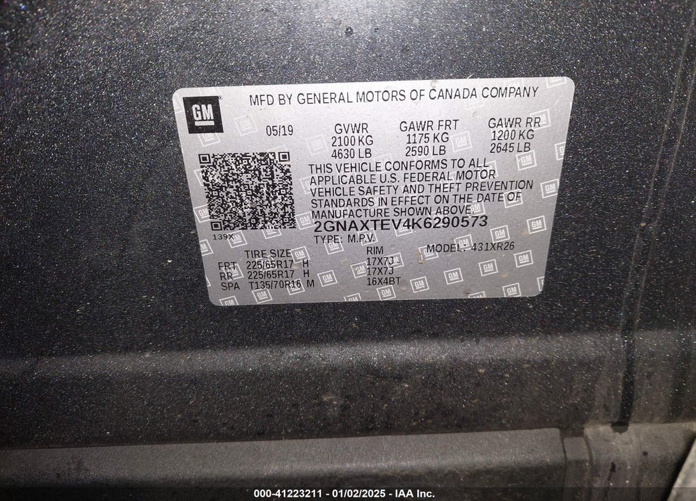 2019 CHEVROLET EQUINOX LT VIN: 2GNAXTEV4K6290573