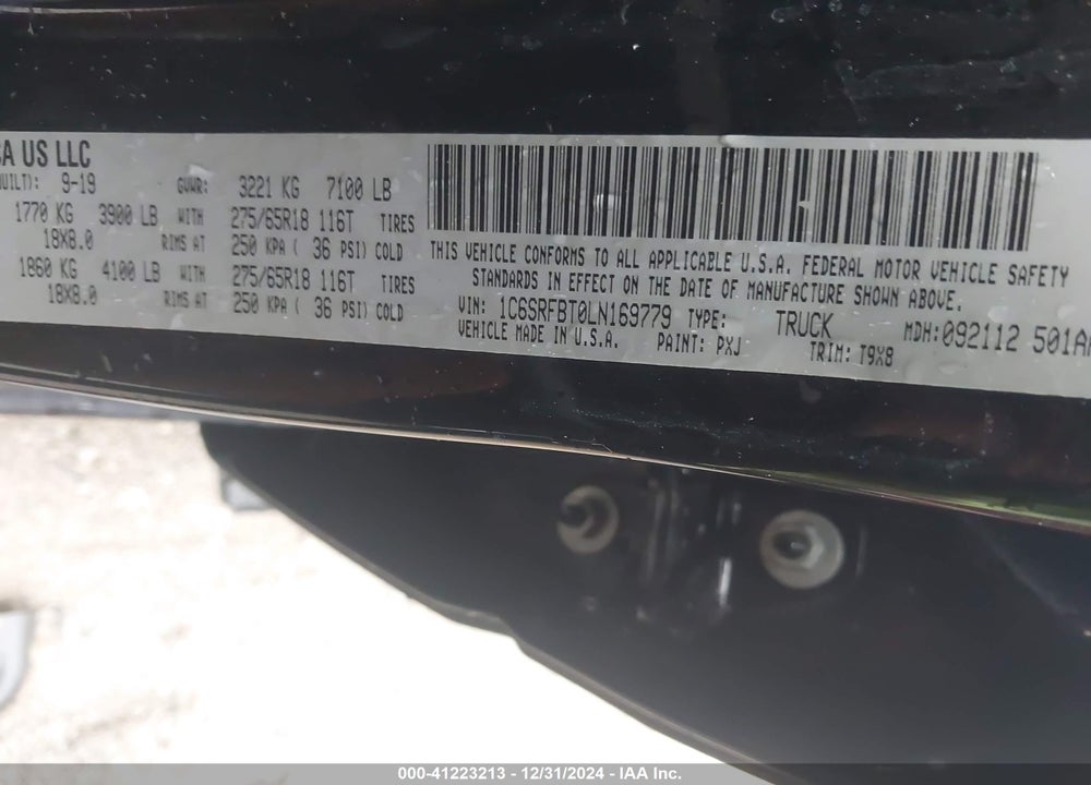 2020 RAM 1500 BIG HORN 4X4 6'4 BOX VIN: 1C6SRFBT0LN169779