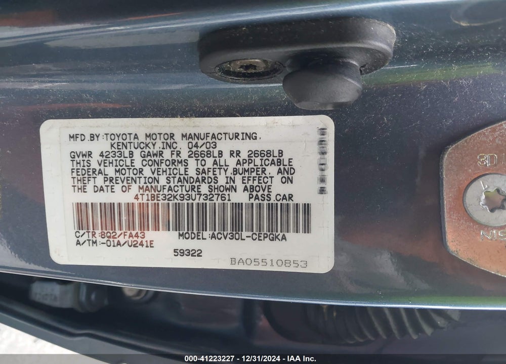 2003 TOYOTA CAMRY XLE VIN: 4T1BE32K93U732761