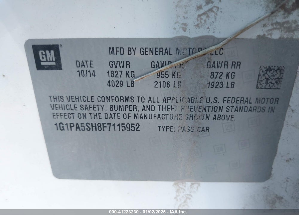 2015 CHEVROLET CRUZE LS VIN: 1G1PA5SH8F7115952