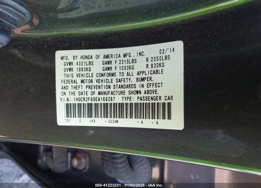 2014 HONDA ACCORD VIN: 1HGCR2F89EA166287