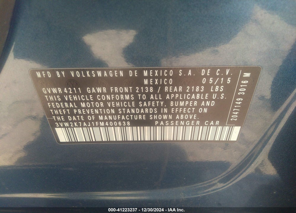 2015 VOLKSWAGEN JETTA 2.0L S VIN: 3VW2K7AJ1FM400638