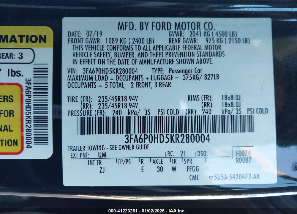2019 FORD FUSION VIN: 3FA6P0HD5KR280004
