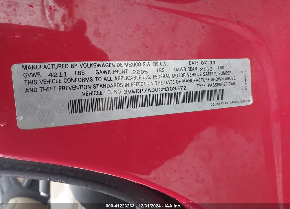 2012 VOLKSWAGEN JETTA VIN: 3VWDP7AJ0CM303372