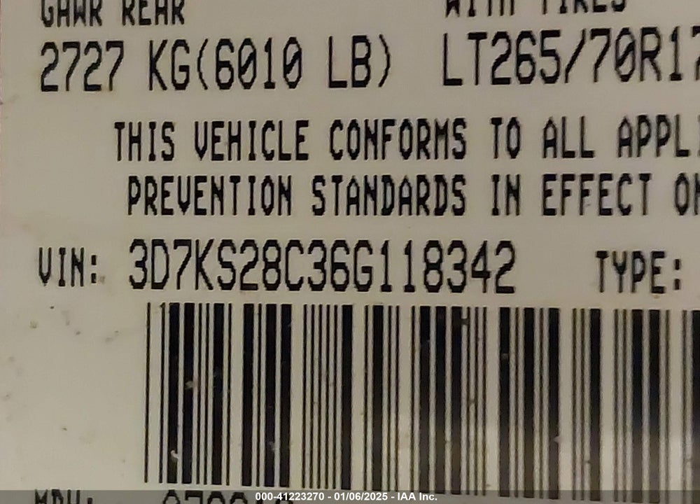 2006 DODGE RAM 2500 VIN: 3D7KS28C36G118342
