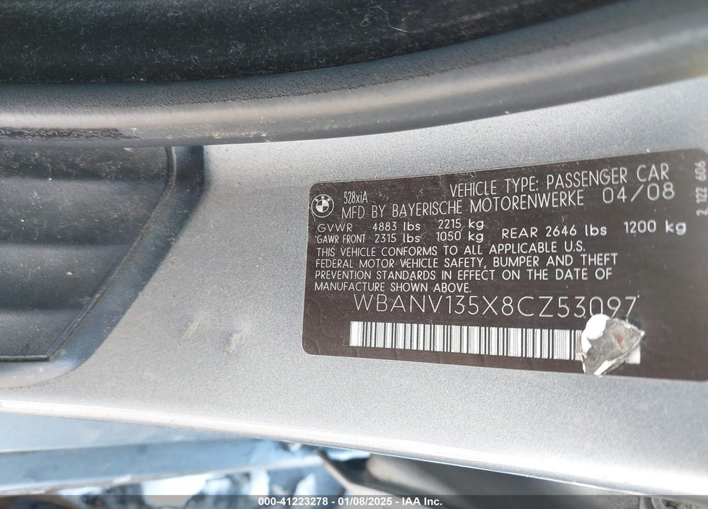 2008 BMW 528XI VIN: WBANV135X8CZ53097