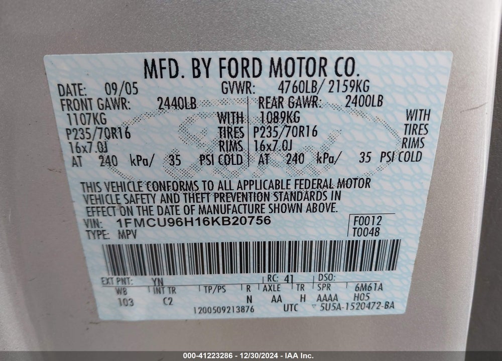 2006 FORD ESCAPE HYBRID VIN: 1FMCU96H16KB20756