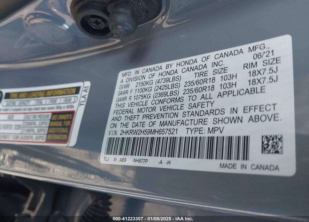 2021 HONDA CR-V AWD EX VIN: 2HKRW2H59MH657521
