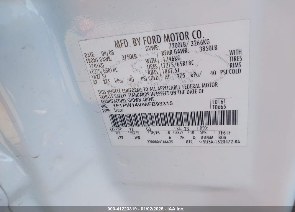 2008 FORD F-150 VIN: 1FTPW14V98FB93315