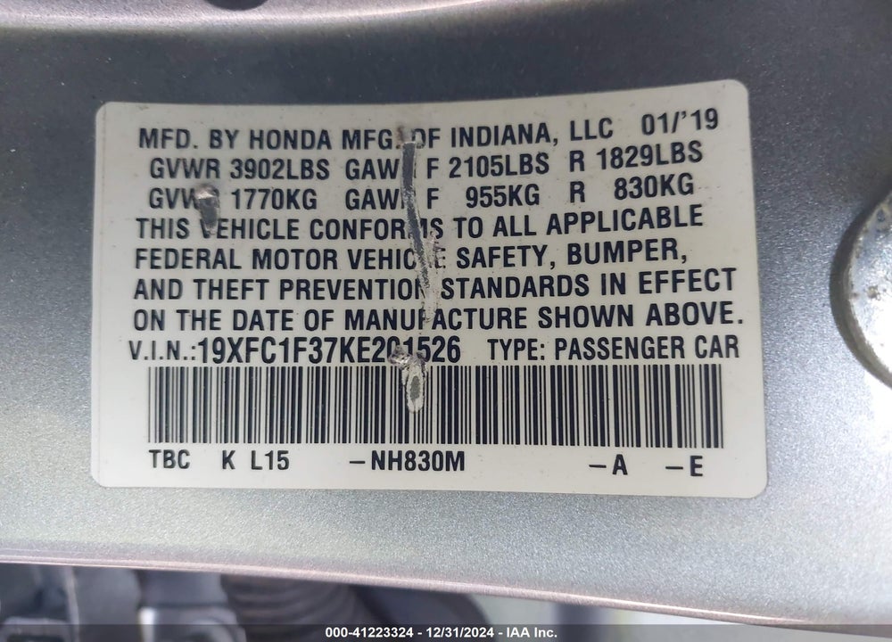 2019 HONDA CIVIC VIN: 19XFC1F37KE201526