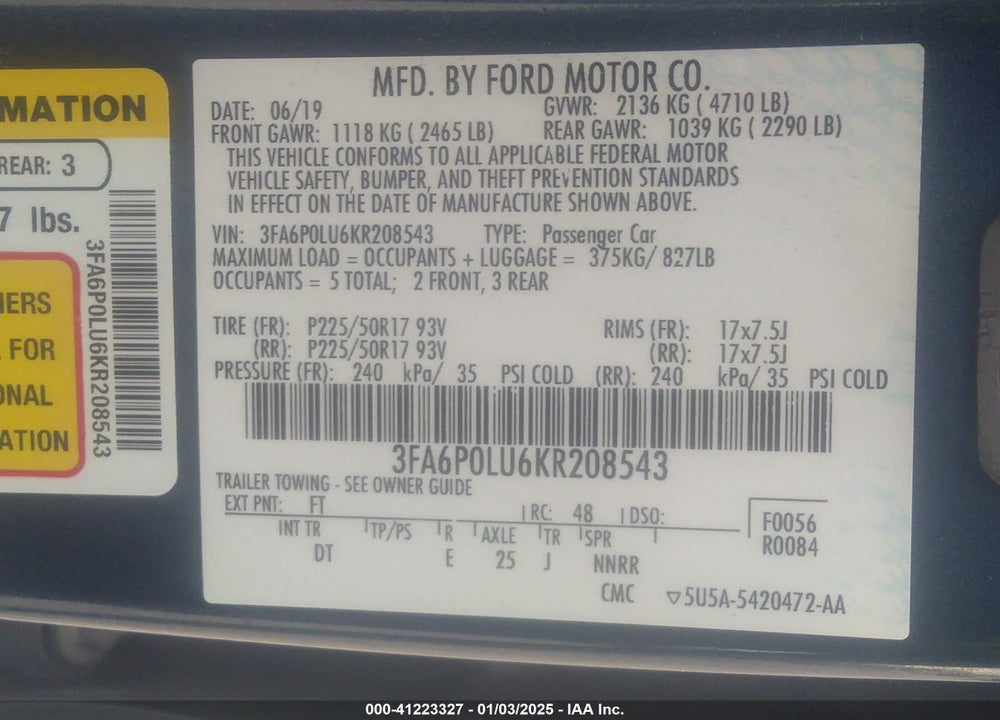 2019 FORD FUSION HYBRID VIN: 3FA6P0LU6KR208543