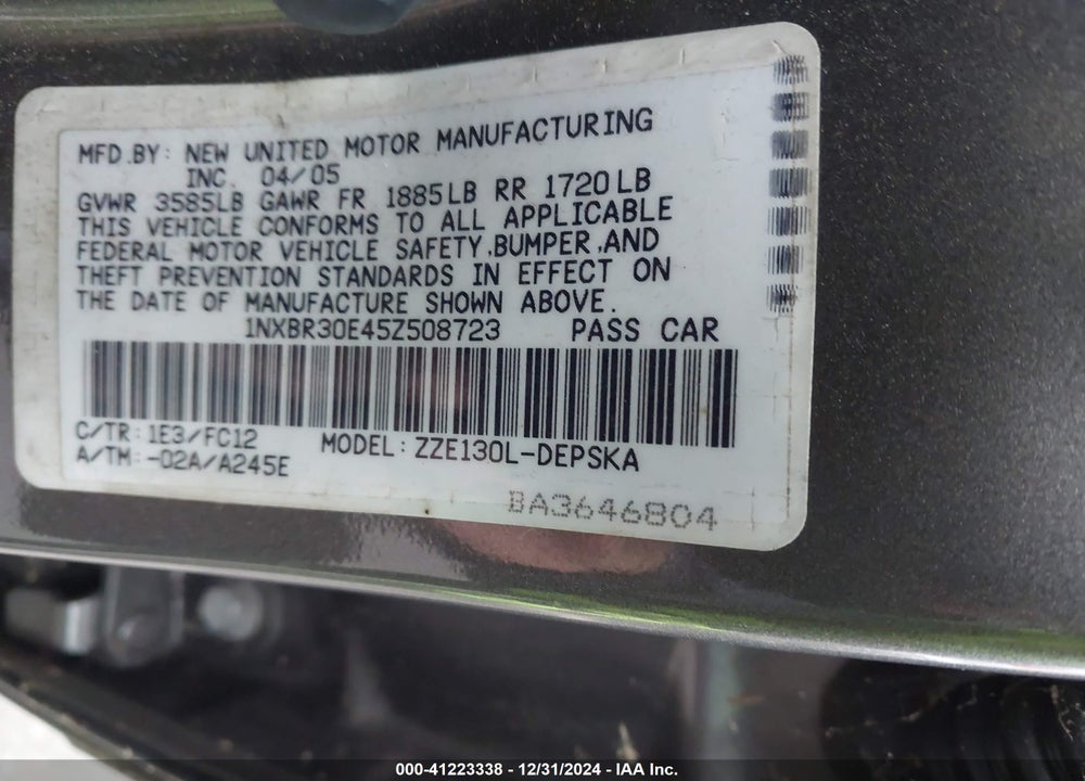 2005 TOYOTA COROLLA S VIN: 1NXBR30E45Z508723