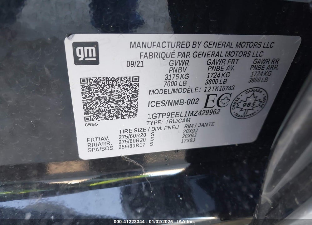 2021 GMC SIERRA 1500 VIN: 1GTP9EEL1MZ429962