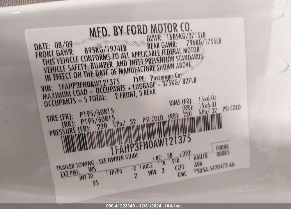 2010 FORD FOCUS SE VIN: 1FAHP3FN0AW121375