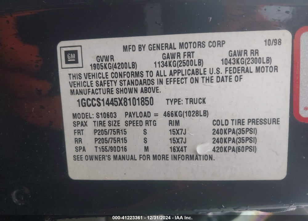 1999 CHEVROLET S-10 LS VIN: 1GCCS1445X8101850