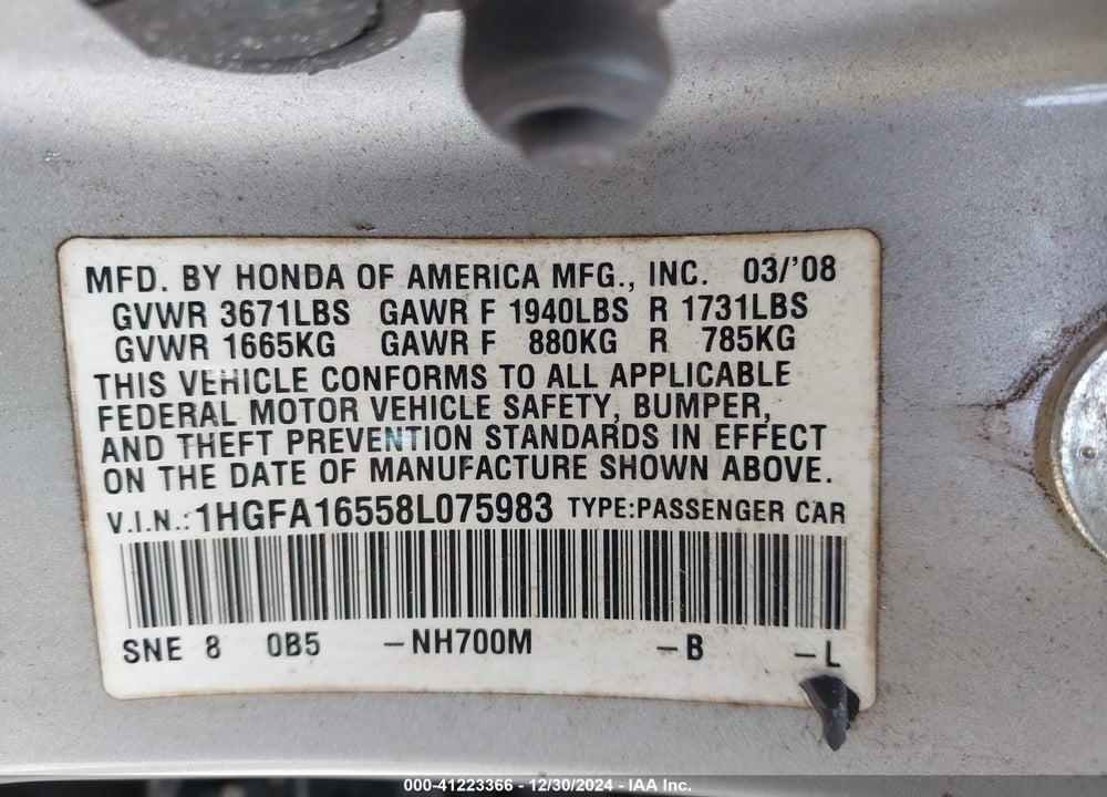 2008 HONDA CIVIC LX VIN: 1HGFA16558L075983