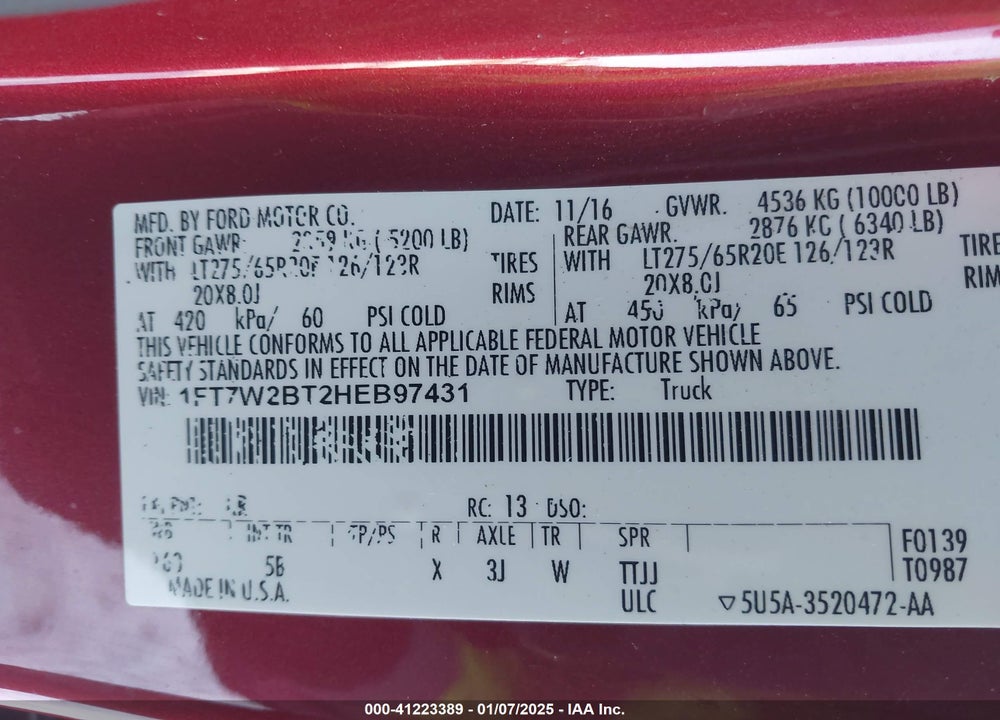 2017 FORD F-250 LARIAT VIN: 1FT7W2BT2HEB97431