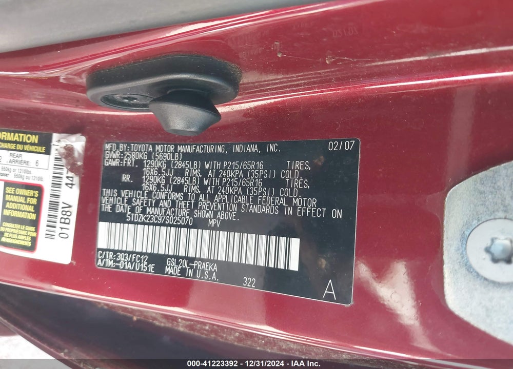 2007 TOYOTA SIENNA LE VIN: 5TDZK23C97S025070