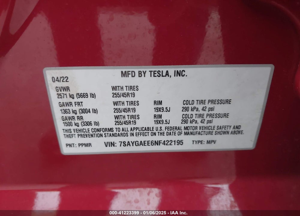 2022 TESLA MODEL Y LONG RANGE DUAL MOTOR ALL-WHEEL DRIVE VIN: 7SAYGAEE6NF422195