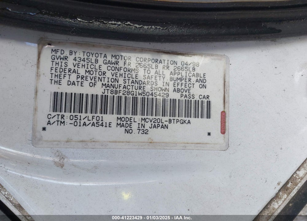 1998 LEXUS ES 300 VIN: JT8BF28G1W5045429