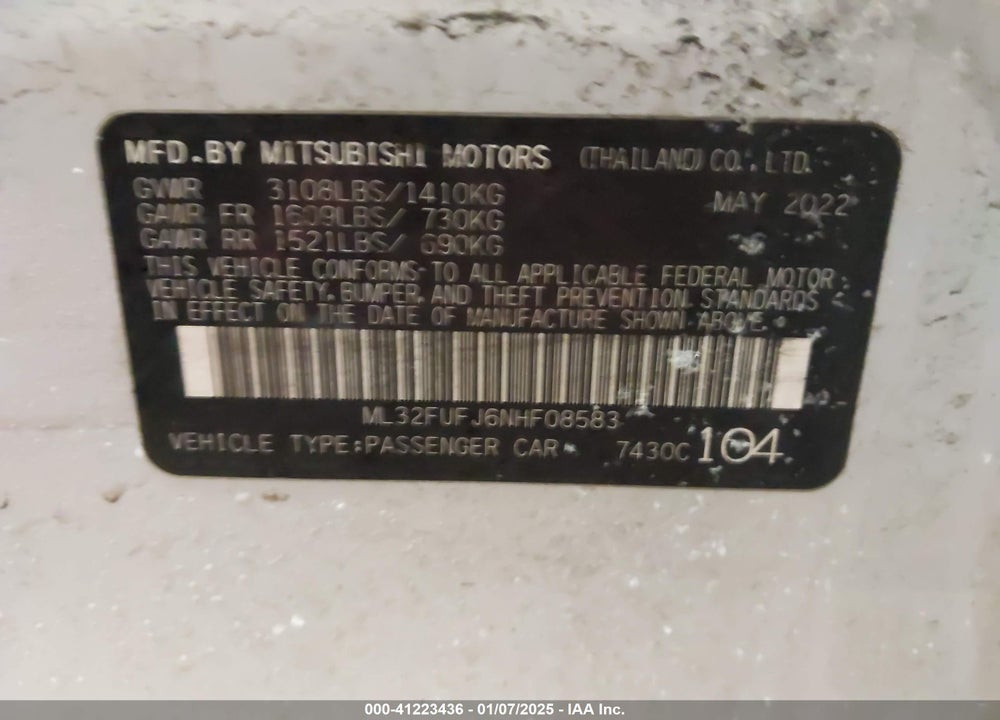 2022 MITSUBISHI MIRAGE G4 BLACK EDITION VIN: ML32FUFJ6NHF08583