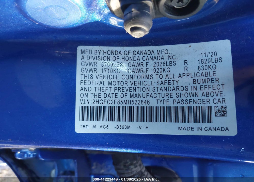 2021 HONDA CIVIC VIN: 2HGFC2F85MH522846