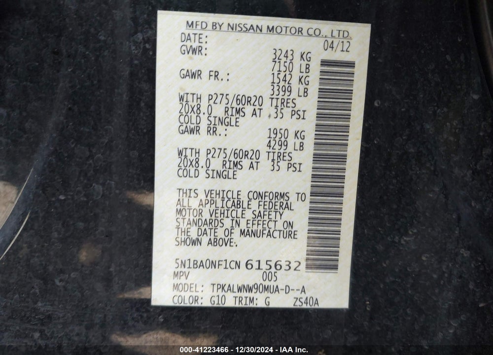 2012 NISSAN ARMADA PLATINUM VIN: 5N1BA0NF1CN615632