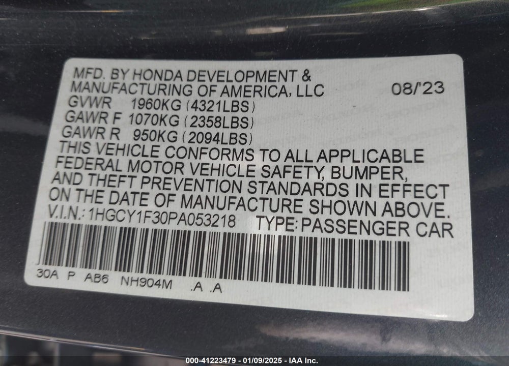 2023 HONDA ACCORD VIN: 1HGCY1F30PA053218